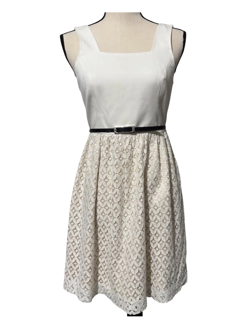 Kensie Strapless Cream Lace Fit-and-Flare Dress with Black Belt